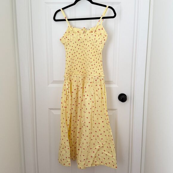 Free People Dresses & Skirts - Free People Yellow Midi Dress with Red Floral Pattern